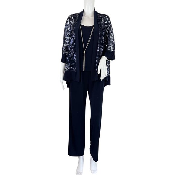 R&M Richards Women’s 3 Piece Sequin Swing Jacket, Blouse & Pants Navy Blue Sz 8P - Picture 1 of 7